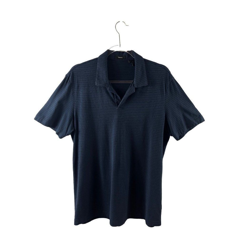 Theory Willem Flame Striped Jersey Polo Men's Large Navy Blue Short Sleeves